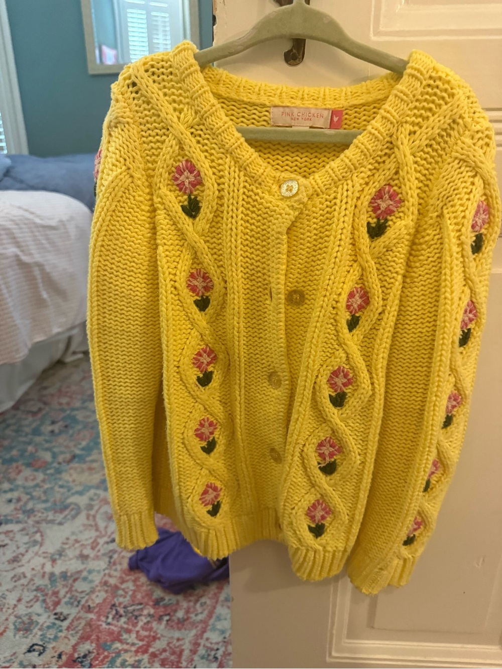 Pink Chicken Yellow Cable Knit Cardigan with Pink Floral Embroidery